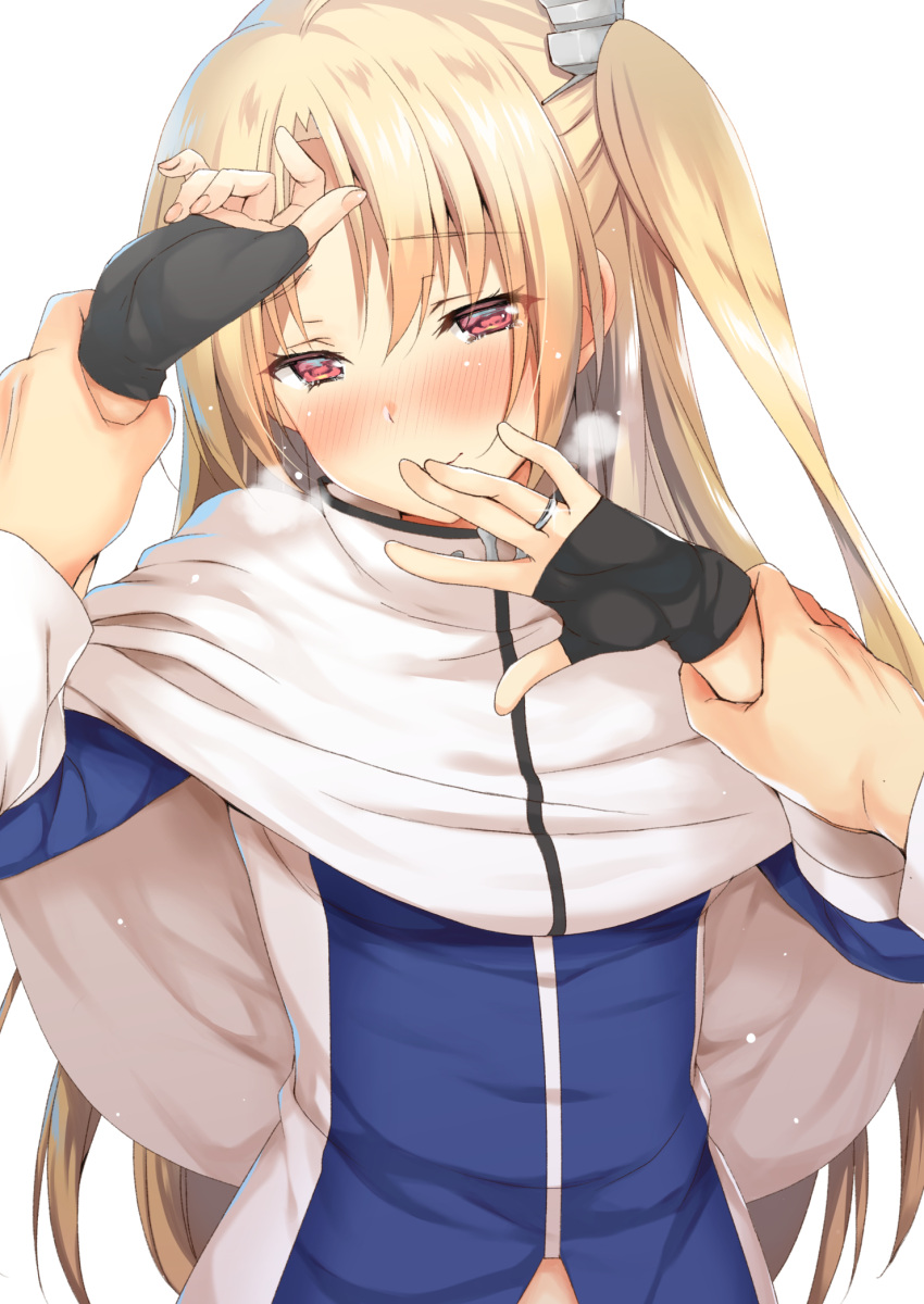 1girl azur_lane bangs black_gloves blonde_hair blue_shirt blush capelet chika_(toumei_kousoku) cleveland_(azur_lane) eyebrows_visible_through_hair fingerless_gloves fingernails gloves hand_grab highres jewelry long_hair looking_at_viewer parted_bangs red_eyes ring shirt side_ponytail standing upper_body