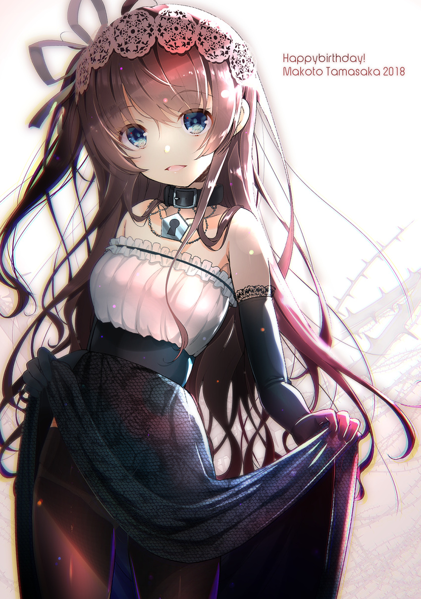 1girl akahito black_legwear blue_eyes blush breasts brown_hair elbow_gloves gloves green_eyes happy_birthday highres lifted_by_self long_hair looking_at_viewer medium_breasts one_side_up open_mouth pantyhose smile solo tamasaka_makoto tokyo_7th_sisters veil very_long_hair