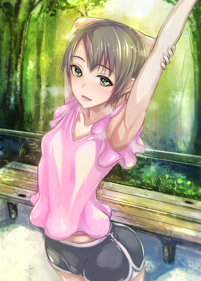 1girl :d armpits arms_behind_head brown_hair green_eyes highres idolmaster idolmaster_cinderella_girls looking_at_viewer open_mouth otokura_yuuki short_hair shorts smile solo sukumo_(kemutai) sweat