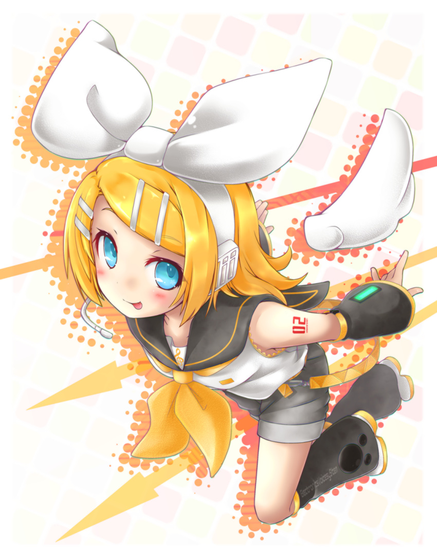 1girl :p akino_coto aqua_eyes blonde_hair bow detached_sleeves hair_bow hair_ornament hair_ribbon hairclip headset highres kagamine_rin leg_warmers ribbon sailor_collar short_hair shorts solo tongue tongue_out vocaloid