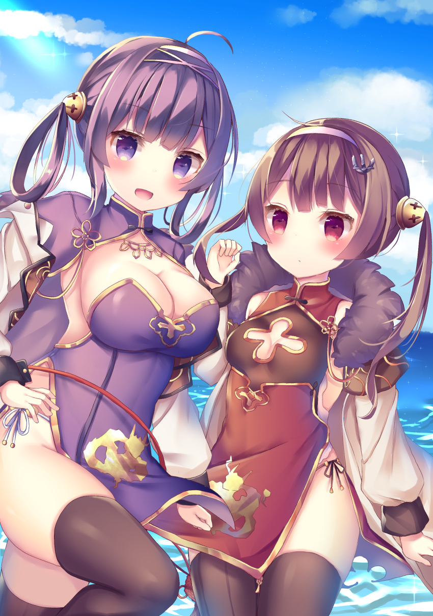 2girls absurdres ahoge anchor_hair_ornament azur_lane bangs black_legwear black_panties blue_sky breasts brown_eyes brown_hair china_dress chinese_clothes cleavage cleavage_cutout clouds commentary_request day dress eyebrows_visible_through_hair fur-trimmed_jacket fur_trim hair_ornament hair_rings hairband hairpods hand_up highres jacket large_breasts long_hair long_sleeves multiple_girls ning_hai_(azur_lane) ocean outdoors panties ping_hai_(azur_lane) purple_dress red_dress side-tie_panties sky standing standing_on_one_leg thigh-highs tsuruse twintails underwear violet_eyes water white_hairband white_jacket white_panties