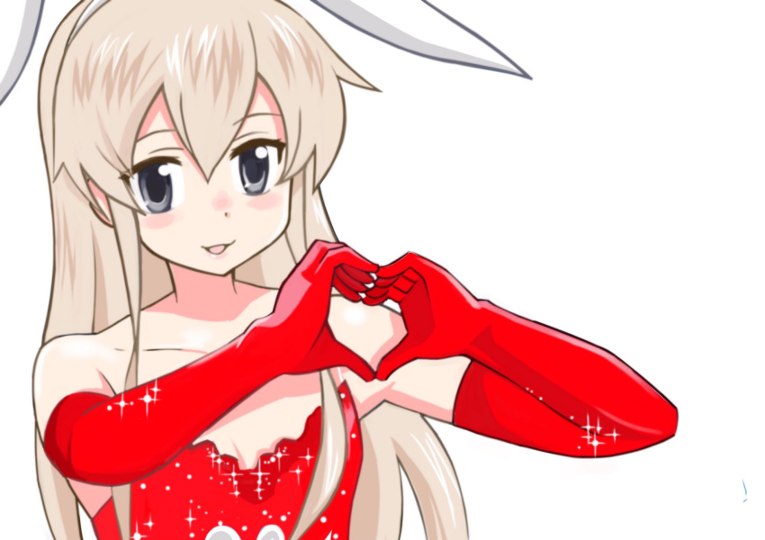 1girl animal_ears blonde_hair breasts commentary_request elbow_gloves fake_animal_ears gloves green_eyes hairband heart heart_hands highres inoue_kousei kantai_collection lipstick long_hair makeup off_shoulder open_mouth rabbit_ears sequins shimakaze_(kantai_collection) sidelocks small_breasts smile solo upper_body white_background