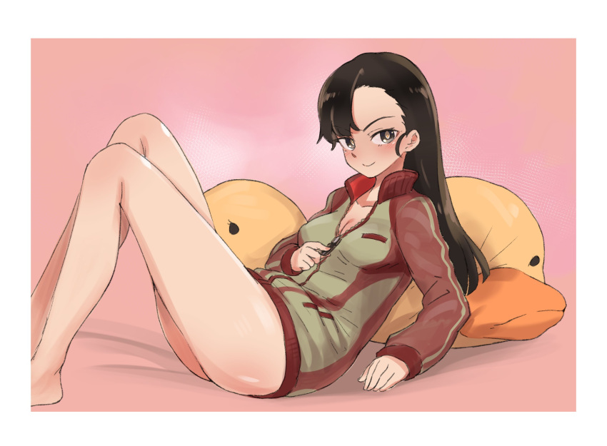 1girl alternate_costume aomushi_(mushamusha) ass asymmetrical_bangs bangs bird blush breasts brown_eyes brown_hair brown_jacket cleavage closed_mouth commentary duck eyebrows_visible_through_hair girls_und_panzer highres jacket long_hair long_sleeves looking_at_viewer lying medium_breasts nishi_kinuyo no_pants on_back pillow pink_background smile solo track_jacket unzipping white_border