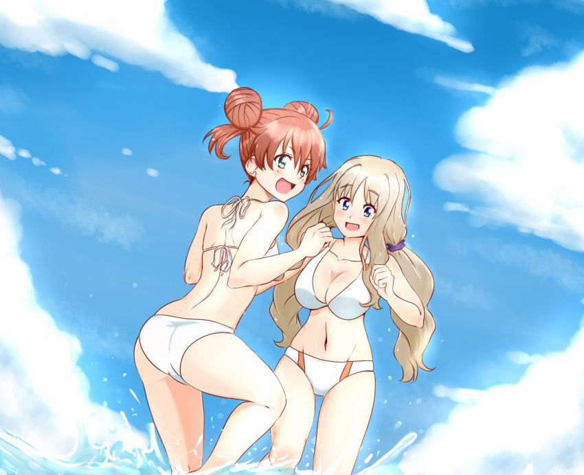 2girls bikini blonde_hair blue_eyes blue_hair blue_sky breasts brown_hair cleavage clouds cow cowboy_shot darling_in_the_franxx double_bun facing_viewer from_behind highres kokoro_(darling_in_the_franxx) long_hair miku_(darling_in_the_franxx) multiple_girls navel open_mouth sky smile splashing swimsuit viperxtr water white_bikini