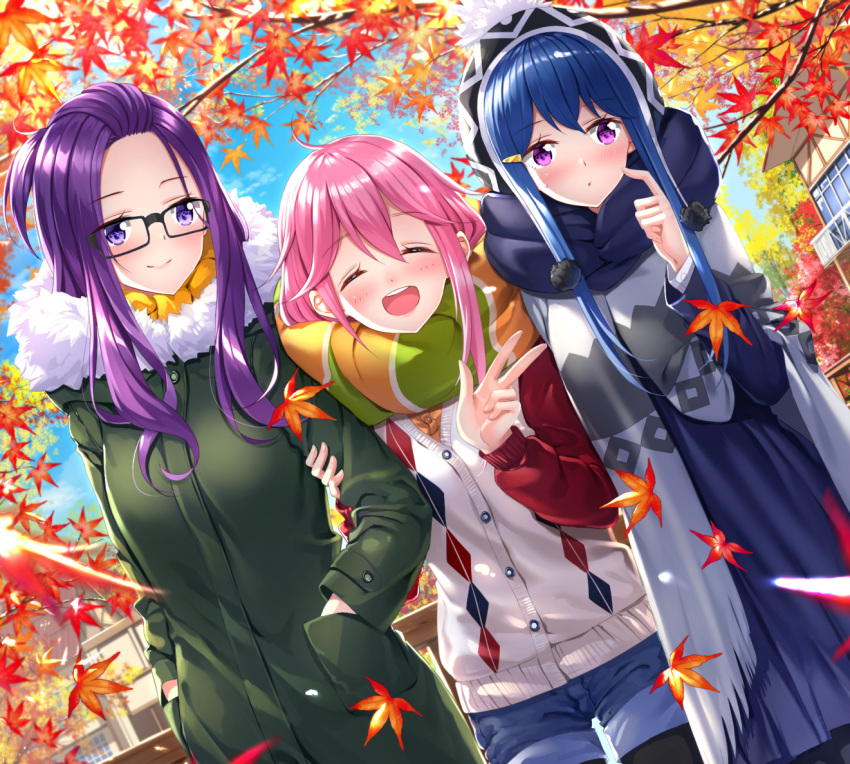 3girls :d ahoge arm_grab autumn_leaves bangs bangs_pinned_back beanie black-framed_eyewear black_legwear blue_dress blue_hair blue_scarf blue_shorts blue_sky blush cardigan closed_mouth clouds coat commentary_request day dress dutch_angle eyebrows_visible_through_hair facing_viewer fur-trimmed_coat fur_trim girl_sandwich glasses green_coat hair_between_eyes hair_ornament hairclip hands_in_pockets hat house kagamihara_nadeshiko kagamihara_sakura leaf long_hair long_sleeves looking_at_viewer maple_leaf multiple_girls open_mouth outdoors pantyhose parted_bangs pink_hair pom_pom_(clothes) purple_hair sandwiched scarf shima_rin short_shorts shorts sidelocks sky smile swordsouls upper_teeth v very_long_hair violet_eyes white_hat yellow_scarf yurucamp