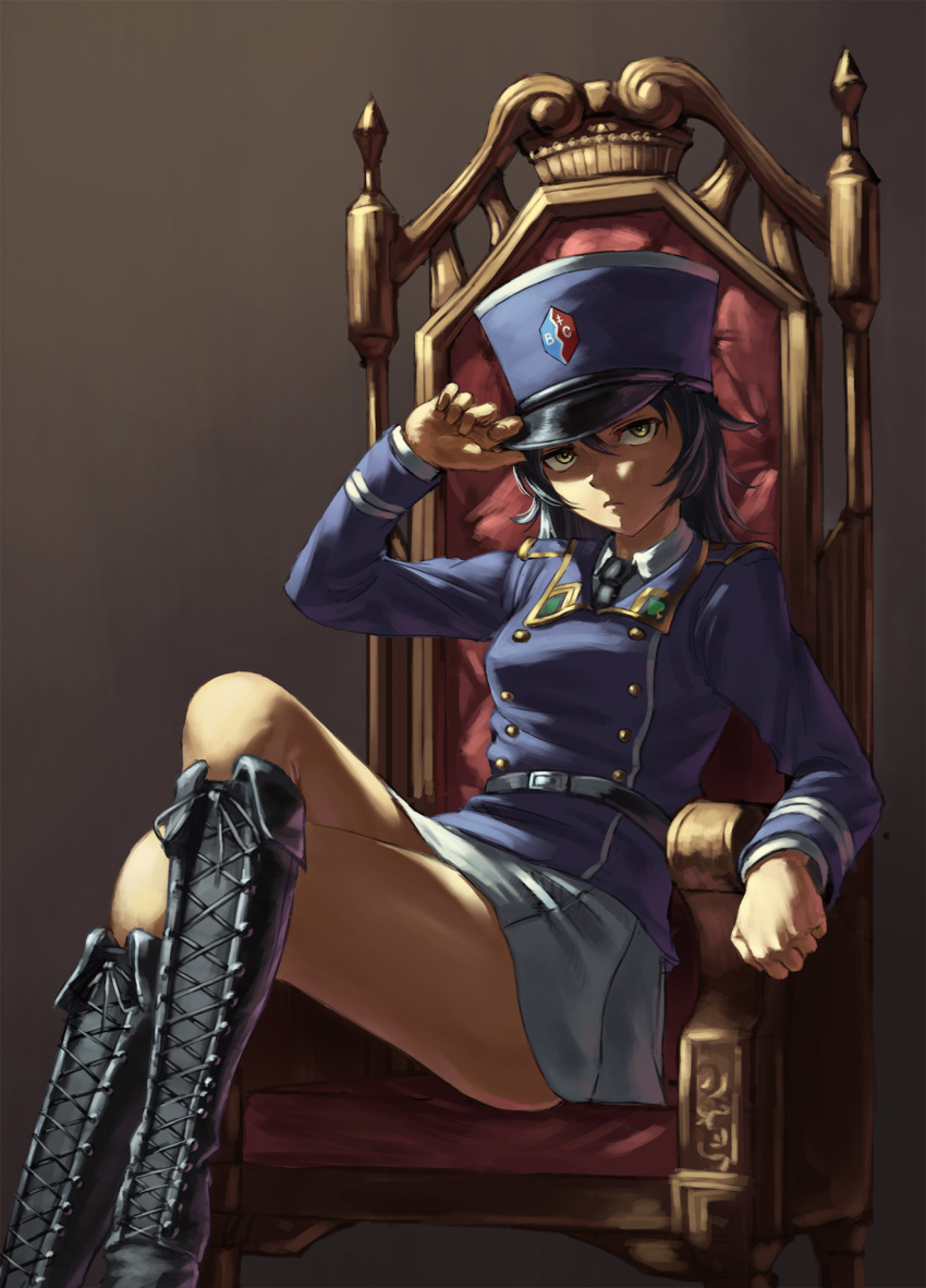 1girl adapted_uniform adjusting_clothes adjusting_hat andou_(girls_und_panzer) arm_rest bc_freedom_(emblem) bc_freedom_military_uniform black_belt black_footwear black_hair black_neckwear blue_hat blue_jacket boots brown_eyes cross-laced_footwear dark_skin dress_shirt emblem girls_und_panzer grey_background hat highres jacket knee_boots lace-up_boots legs_crossed long_sleeves looking_at_viewer medium_hair michitarou miniskirt necktie pleated_skirt shako_cap shirt sitting skirt solo thighs throne white_shirt white_skirt wing_collar