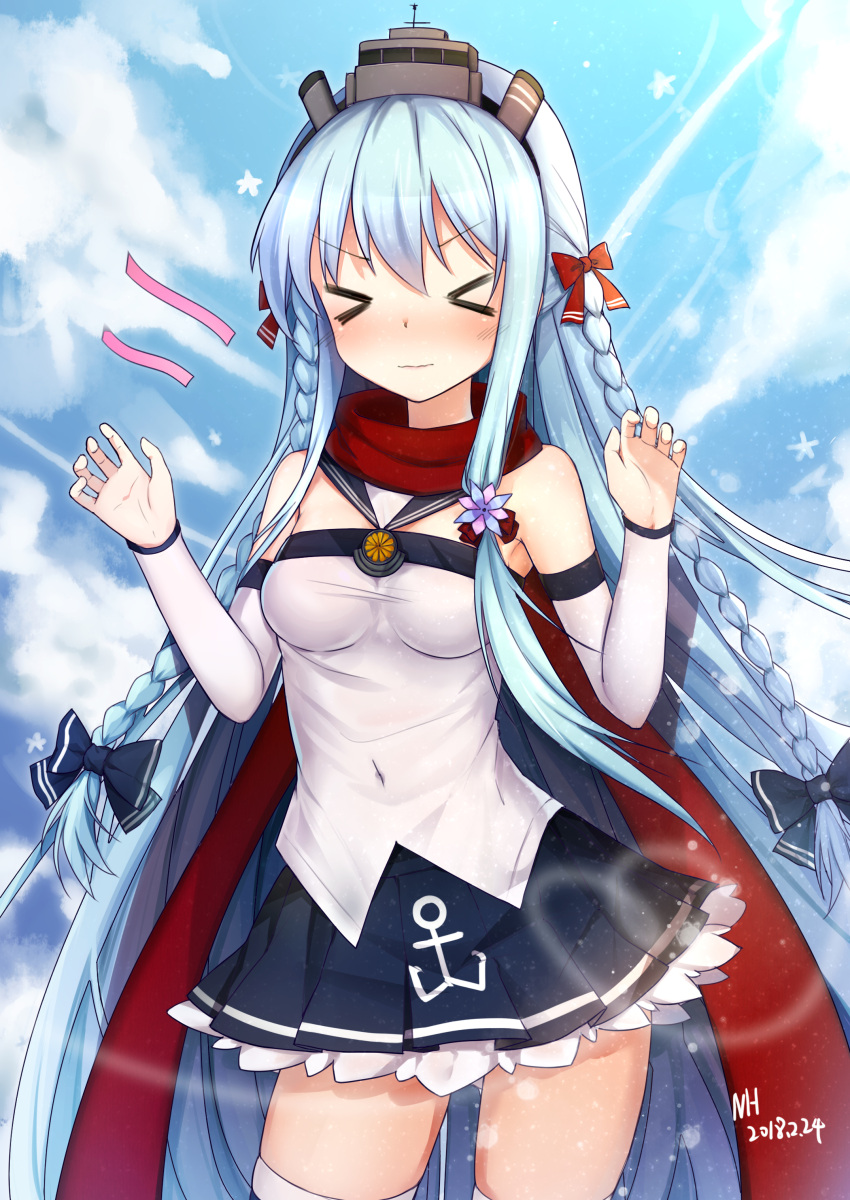 &gt;_&lt; 1girl absurdres anchor_print blue_bow blue_hair blue_skirt blush bow braid closed_eyes day detached_sleeves fubuki_(zhan_jian_shao_nyu) hair_bow hair_ribbon hamster_(hanmster) headgear highres long_hair pleated_skirt red_ribbon red_scarf ribbon scarf school_uniform skirt sky solo thigh-highs zhan_jian_shao_nyu