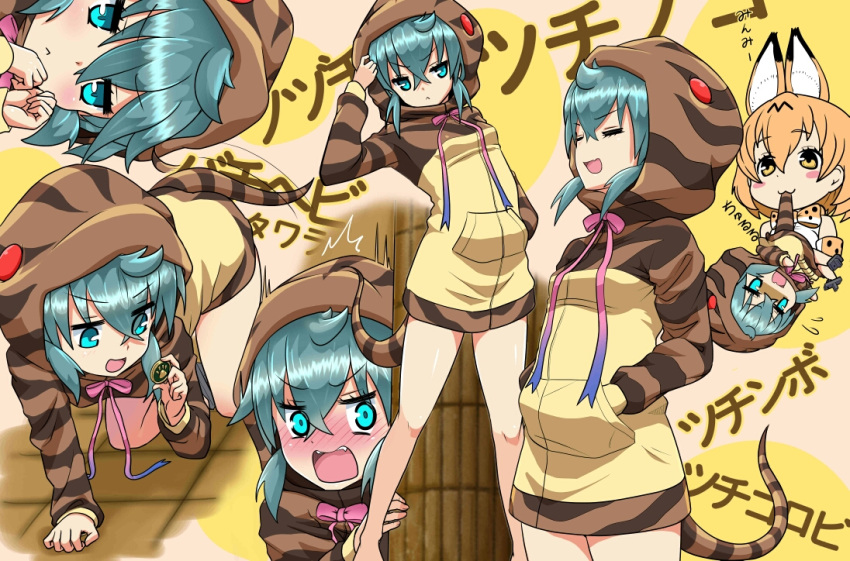 2girls :&lt; :3 :d afterimage all_fours animal_ears bangs bare_shoulders blue_eyes blue_hair blue_ribbon blush bow brown_hair closed_eyes closed_mouth commentary_request eyebrows_visible_through_hair gradient_ribbon hair_between_eyes hood hood_up hoodie kemono_friends long_sleeves mouth_hold multiple_girls multiple_views neck_ribbon nose_blush open_mouth peeking_out pillar pink_ribbon print_bow ribbon robisonjr serval_(kemono_friends) serval_ears serval_print shirt short_hair sleeveless sleeveless_shirt smile snake_tail striped_hoodie striped_tail tail tail_wagging translation_request tsuchinoko_(kemono_friends) v-shaped_eyebrows white_shirt