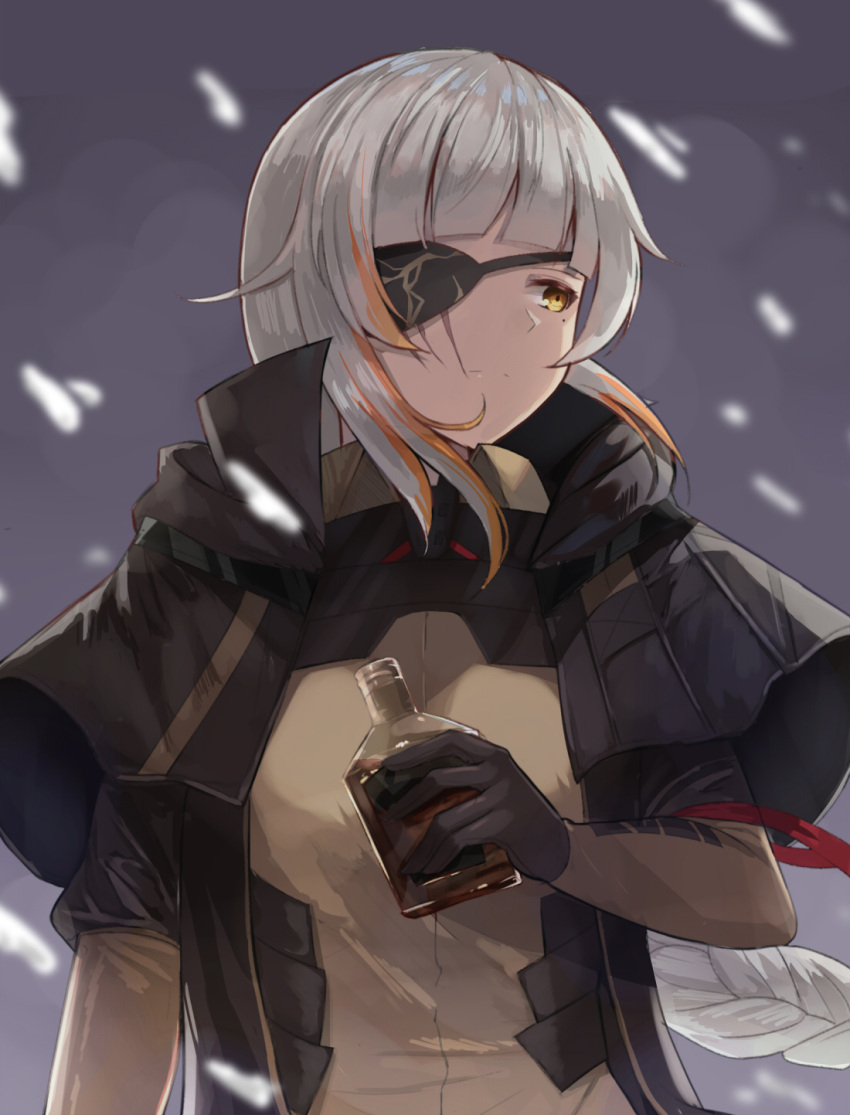 1girl bangs black_gloves blunt_bangs bottle commentary eyepatch girls_frontline gloves highres holding holding_bottle looking_away m16a1_(girls_frontline) mole mole_under_eye motokonut multicolored_hair orange_hair silver_hair solo streaked_hair two-tone_hair yellow_eyes