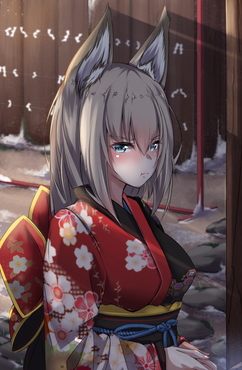 1girl :t absurdres animal_ears bangs blurry blurry_background blush commentary depth_of_field dog_ears eyebrows_visible_through_hair floral_print frown girls_und_panzer highres itsumi_erika japanese_clothes kemonomimi_mode kimono long_hair looking_at_viewer murata_ryou new_year outdoors pout print_kimono red_kimono snow solo standing tearing_up upper_body winter