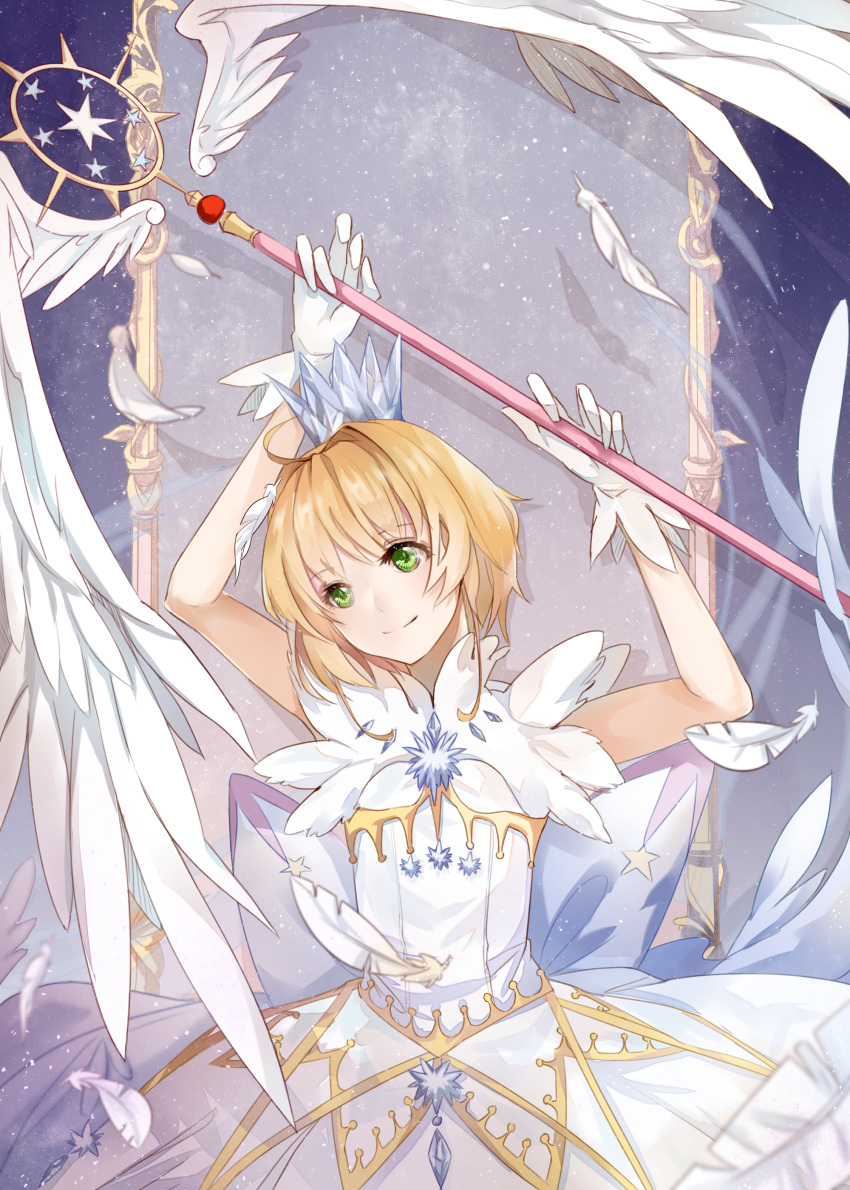 1girl absurdres ahoge arms_up autumnlll blonde_hair card_captor_sakura crown feathered_wings gloves green_eyes head_tilt highres holding holding_staff kinomoto_sakura magical_girl mini_crown short_hair_with_long_locks sidelocks sleeveless smile solo staff white_feathers white_gloves white_wings wings