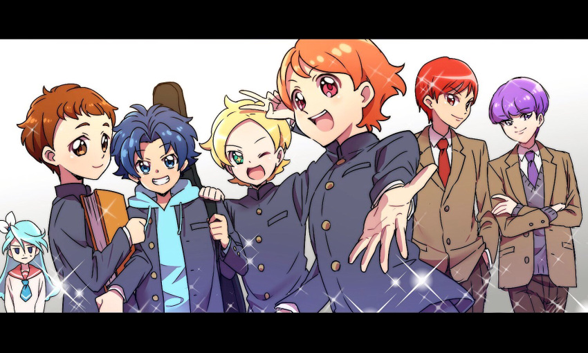 1girl 6+boys arisugawa_himari blazer blonde_hair blue_hair brown_hair crossed_arms gakuran genderswap genderswap_(ftm) genderswap_(mtf) hood hoodie jacket julio_(precure) kenjou_akira kirahoshi_ciel kirakira_precure_a_la_mode kotozume_yukari multiple_boys orange_hair precure purple_hair redhead school_uniform serafuku sweatdrop tategami_aoi usami_ichika v yoshimi_(ysm_8883377)