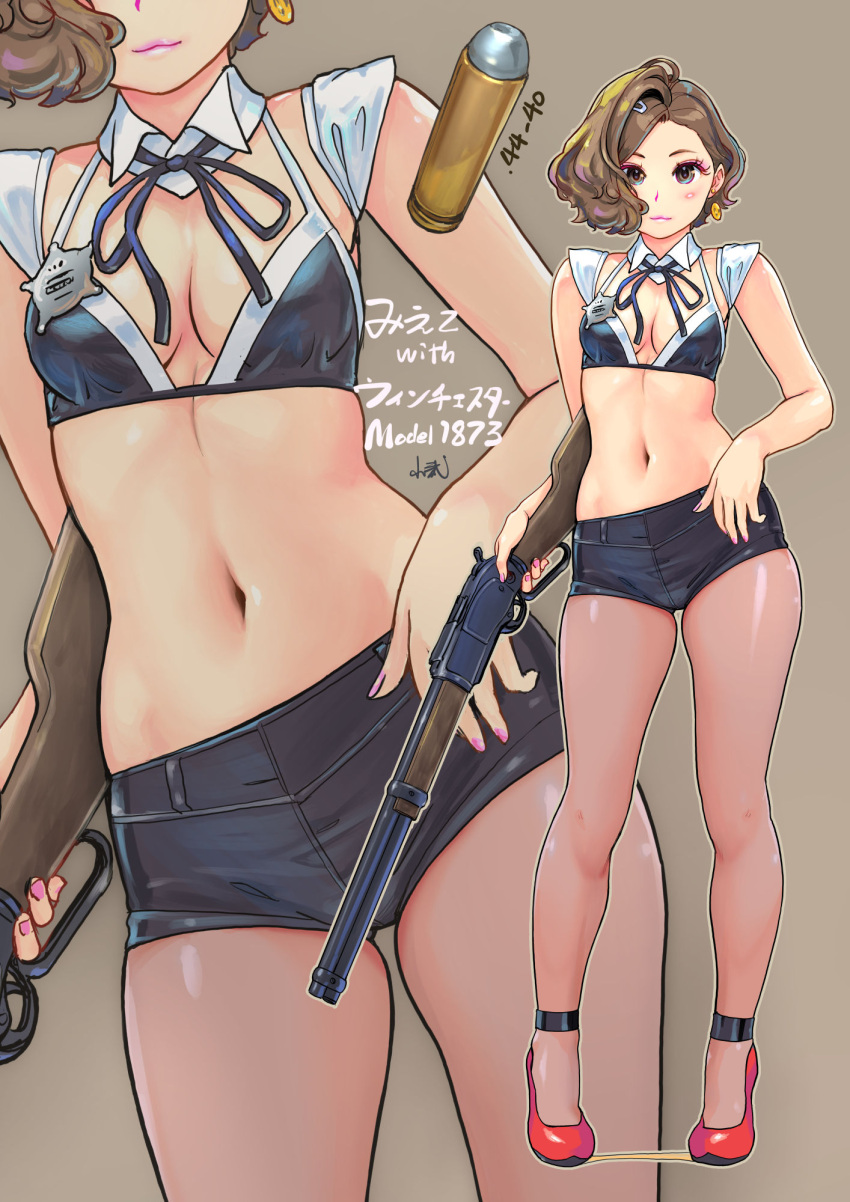 1girl :3 badge breasts brown_eyes brown_hair bullet carina_(xiaowoo) cleavage earrings gun hair_ornament hairclip highres holding holding_gun holding_weapon jewelry kishi_mieko looking_at_viewer navel original rifle short_hair shorts solo translated weapon