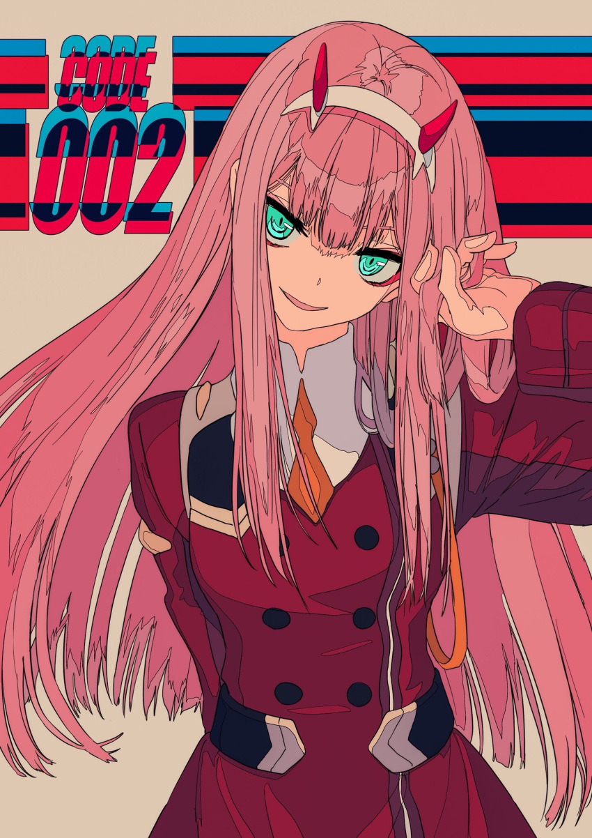 1girl arm_behind_back arm_up bangs brown_background darling_in_the_franxx double-breasted dress eyeshadow hairband hand_in_hair head_tilt highres horns kogecha_(coge_ch) long_hair long_sleeves looking_at_viewer makeup military military_uniform parted_lips pink_hair red_dress smile solo straight_hair tsurime uniform upper_body very_long_hair white_hairband zero_two_(darling_in_the_franxx)