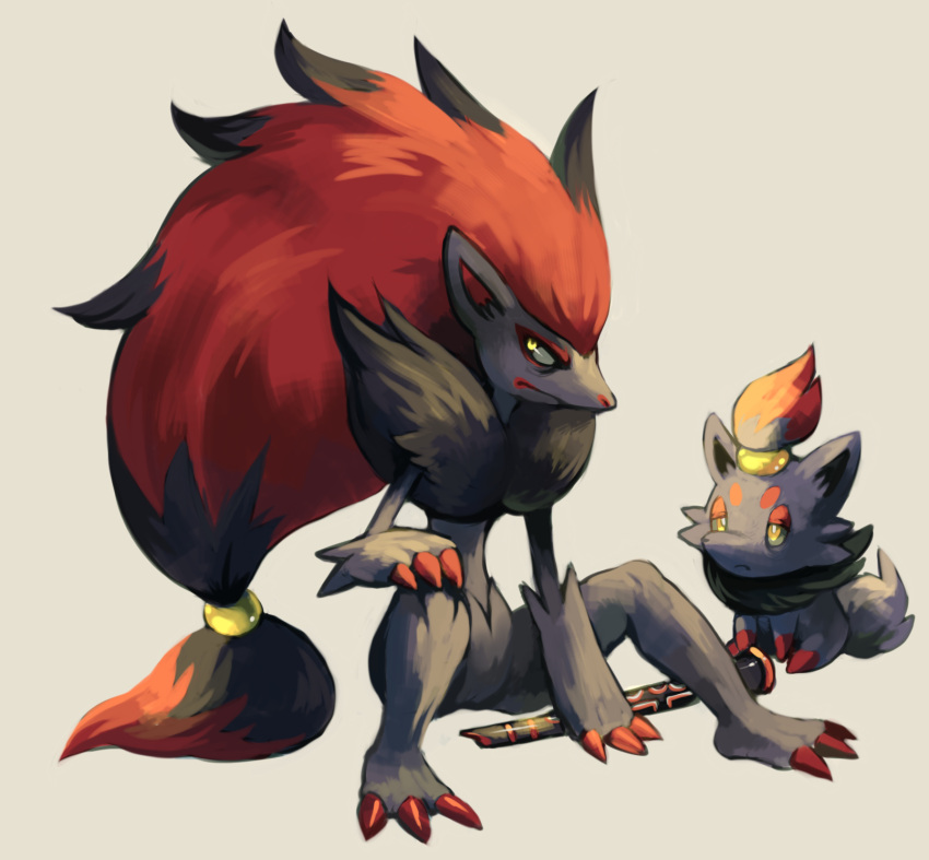 claws commentary creature facial_mark flute full_body fushigi_no_dungeon glitchedpuppet grey_background highres instrument no_humans pokemon pokemon_(creature) pokemon_fushigi_no_dungeon redhead simple_background sitting tied_hair yellow_eyes zoroark zorua