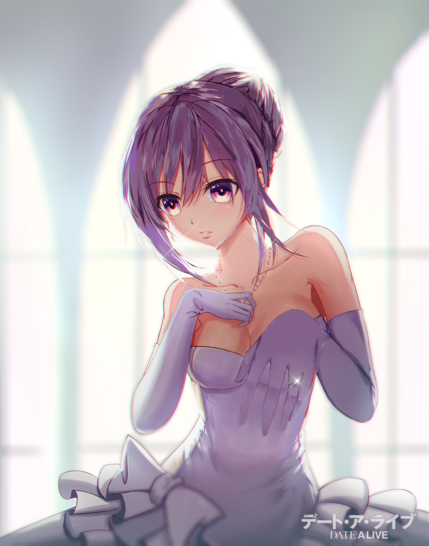 1girl alternate_costume alternate_hairstyle bare_shoulders breasts cleavage collarbone copyright_name date_a_live dress elbow_gloves feng_mouren frilled_dress frills gloves glowing glowing_eyes hair_bun highres jewelry looking_at_viewer medium_breasts necklace open_mouth purple_hair ring solo strapless strapless_dress violet_eyes wedding wedding_dress wedding_ring white_dress white_gloves yatogami_tooka