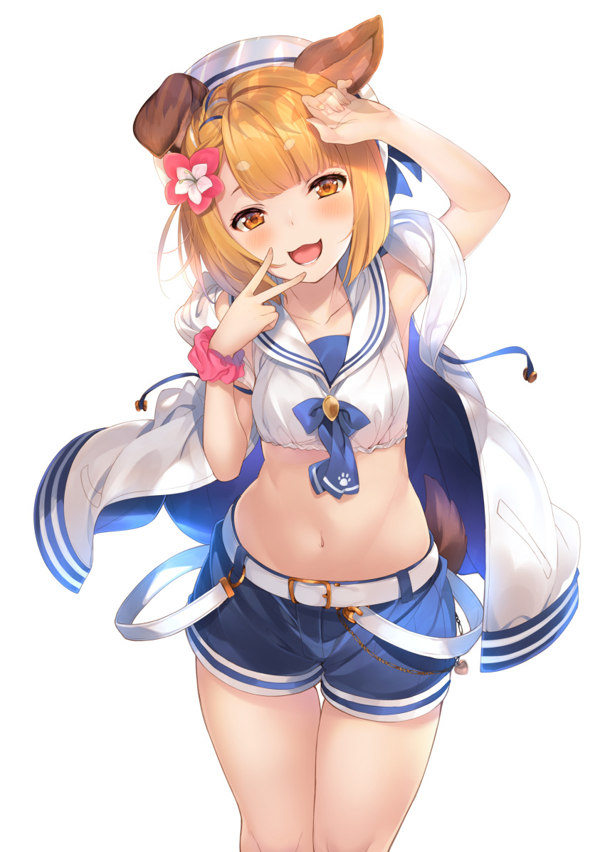 1girl :3 animal_ears arm_up bangs belt blonde_hair blue_shorts blush breasts crop_top dog_ears dog_girl dog_tail feet_out_of_frame flower granblue_fantasy hair_flower hair_ornament hand_up hat highres jacket looking_at_viewer mayusaki_yuu midriff navel open_mouth sailor_collar scrunchie shirt short_hair shorts simple_background sleeveless sleeveless_jacket sleeveless_shirt small_breasts solo tail teeth tongue v_over_mouth vajra_(granblue_fantasy) white_background white_headwear white_jacket white_shirt wrist_scrunchie yellow_eyes