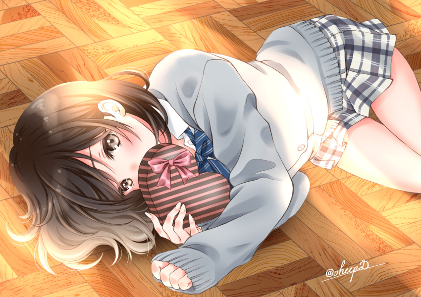 1girl artist_name bangs blush box brown_eyes brown_hair cardigan commentary_request covered_mouth eyebrows_visible_through_hair gift gift_box grey_cardigan heart heart-shaped_box holding holding_gift indoors long_sleeves looking_at_viewer lying on_floor on_side original plaid plaid_skirt pleated_skirt ribbon school_uniform sheepd shirt short_hair skirt solo thighs uniform valentine white_shirt wooden_floor