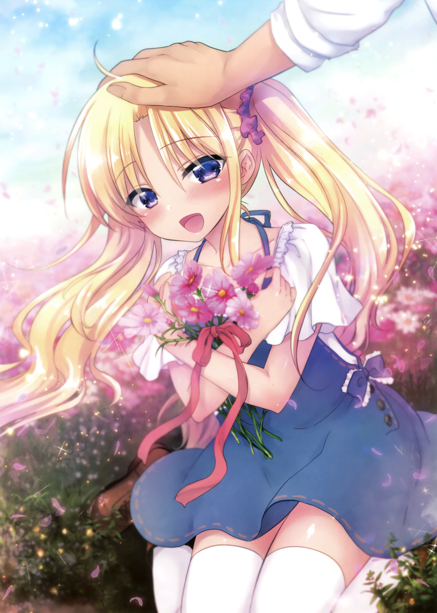 1girl :d absurdres blonde_hair blue_dress blush collarbone day dress eyebrows_visible_through_hair floating_hair flower hair_between_eyes hair_ornament hair_scrunchie highres holding holding_flower long_hair looking_at_viewer mikami_mika open_mouth original outdoors petting pink_flower purple_scrunchie scrunchie shiny shiny_clothes shirt short_sleeves sitting smile thigh-highs twintails very_long_hair violet_eyes white_legwear white_shirt