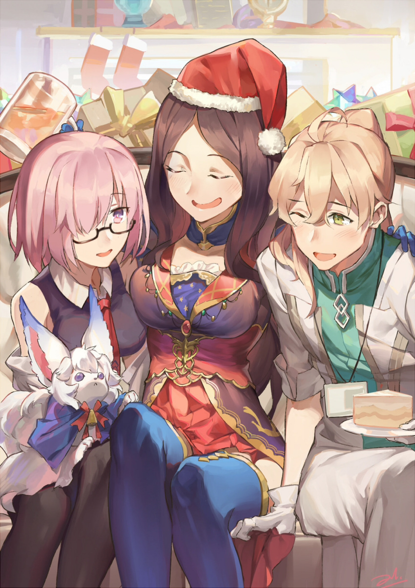 1boy 2girls ahoge bianyuanqishi black-framed_eyewear black_legwear blonde_hair blue_legwear breasts brown_eyes cake christmas closed_eyes coat fate/grand_order fate_(series) food fou_(fate/grand_order) gift glasses gloves hair_over_one_eye hat highres indoors leonardo_da_vinci_(fate/grand_order) mash_kyrielight medium_breasts multiple_girls necktie on_lap open_mouth pantyhose ponytail purple_hair romani_akiman santa_hat semi-rimless_eyewear short_hair sitting sleeves_rolled_up smile thigh-highs under-rim_eyewear violet_eyes white_gloves yellow_eyes