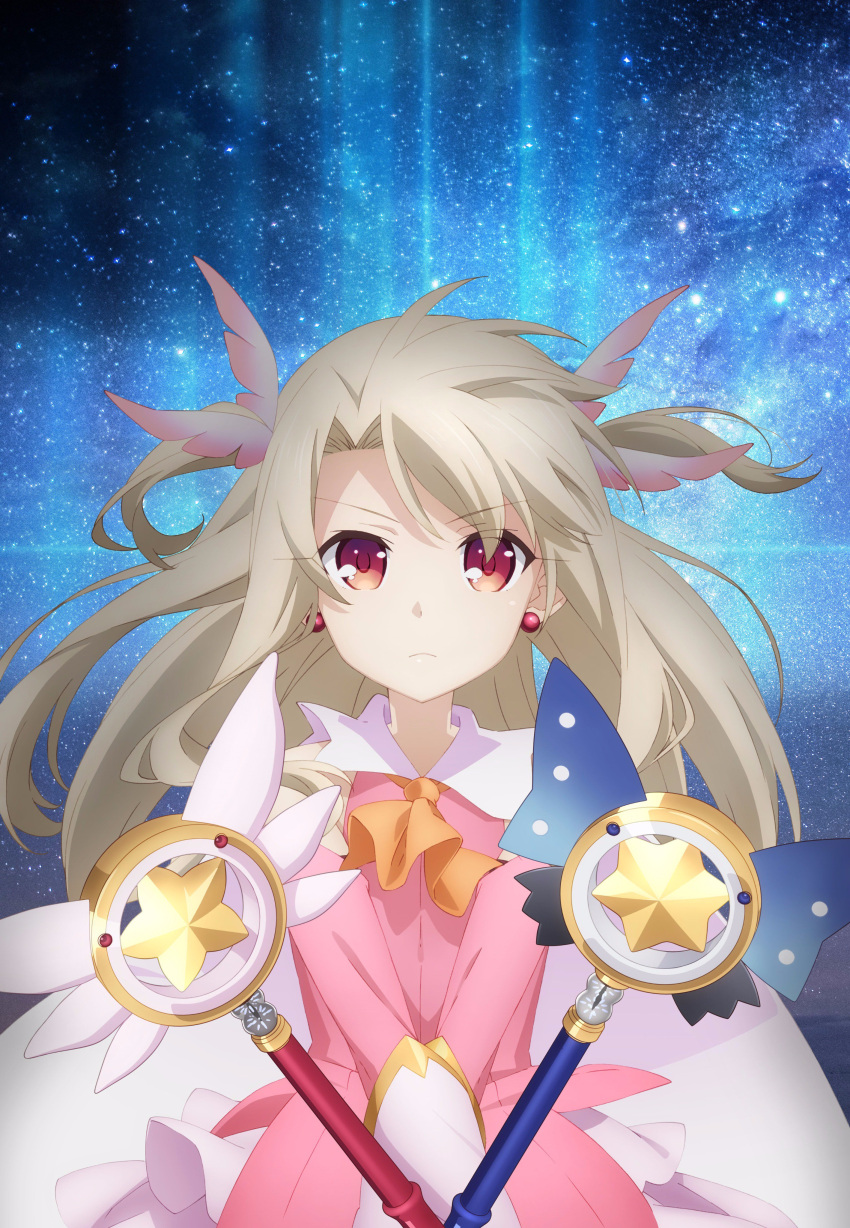 1girl absurdres blonde_hair cape earrings eyebrows_visible_through_hair fate/kaleid_liner_prisma_illya fate_(series) feathers floating_hair gloves hair_feathers highres jewelry long_hair looking_at_viewer magical_girl magical_ruby magical_sapphire night outdoors pink_feather pink_shirt prisma_illya red_eyes reflecting_pool shirt sky solo star_(sky) starry_sky upper_body very_long_hair white_cape white_gloves yellow_neckwear