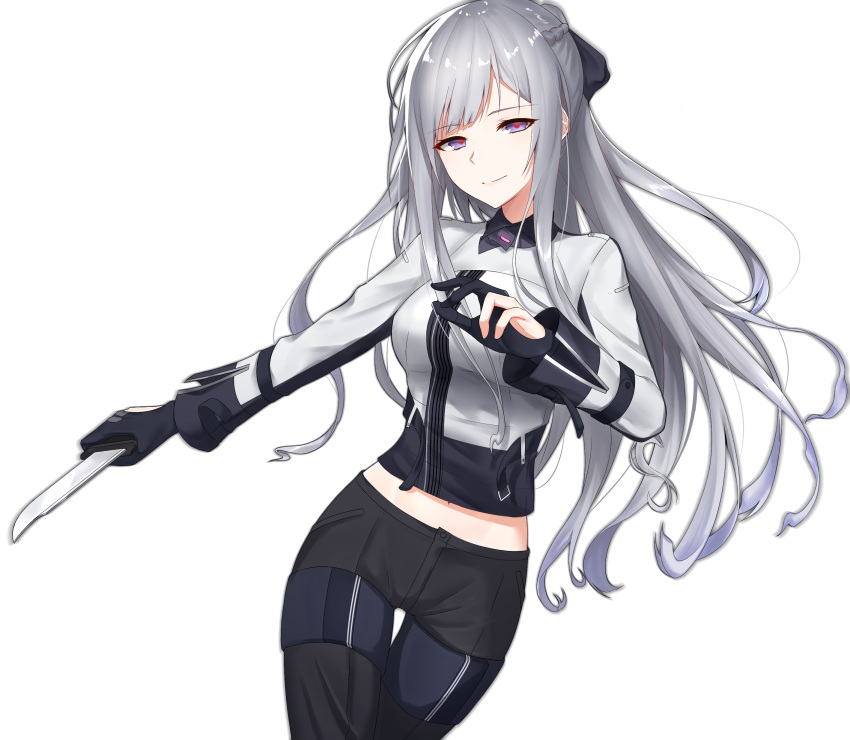 1girl absurdres ak-12_(girls_frontline) black_gloves black_pants breasts closed_mouth girls_frontline gloves highres holding holding_knife knife kuki_panda_(wkdwnsgk13) long_hair long_sleeves looking_at_viewer medium_breasts midriff pants partly_fingerless_gloves shirt silver_hair simple_background smile solo thigh_gap very_long_hair violet_eyes white_background white_shirt