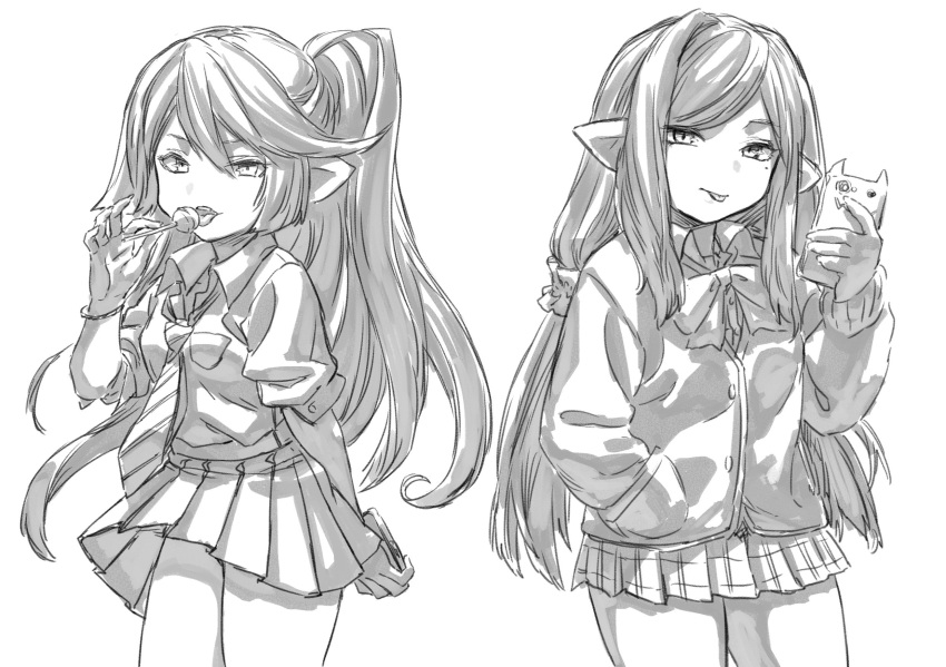 2girls :p arulumaya bow bowtie bracelet candy cellphone charlotta_(granblue_fantasy) contemporary food granblue_fantasy greyscale harbin highres jacket jewelry lollipop long_hair low_ponytail monochrome multiple_girls necktie no_nose phone pointy_ears ponytail school_uniform shirt simple_background sketch skirt smartphone tongue tongue_out toriudonda