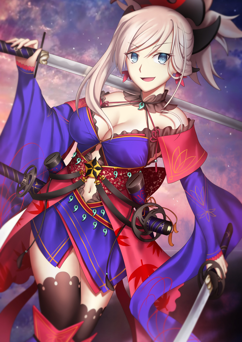 1girl :d absurdres black_legwear blue_dress blue_eyes breasts choker cleavage dress dual_wielding earrings eyebrows_visible_through_hair fate/grand_order fate_(series) hair_between_eyes hair_ornament highres holding holding_sword holding_weapon jewelry katana kuraka long_hair looking_at_viewer medium_breasts miyamoto_musashi_(fate/grand_order) navel navel_cutout open_mouth outdoors ponytail short_dress side_ponytail silver_hair smile solo standing sword thigh-highs weapon