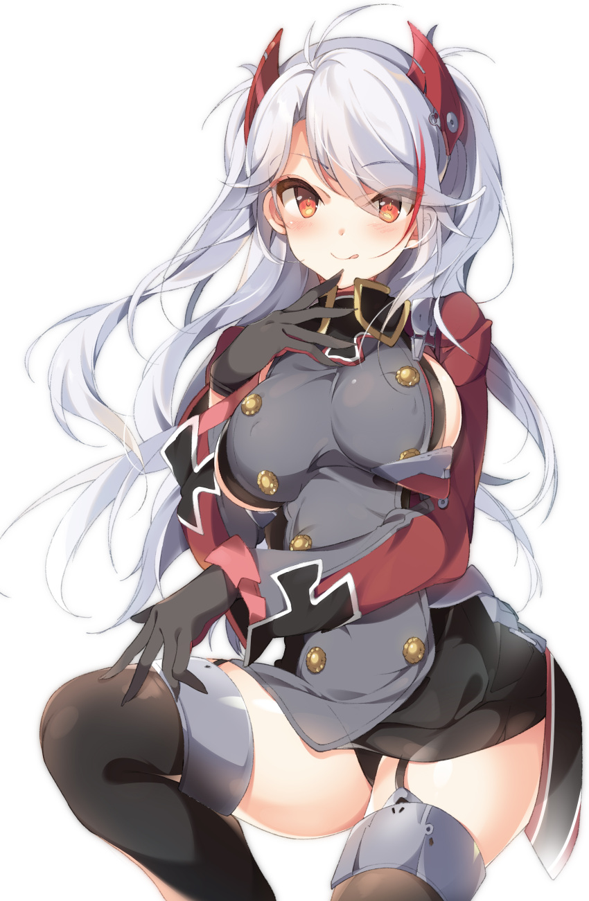 1girl :q absurdres azur_lane bangs black_gloves black_legwear black_panties blush breasts closed_mouth commentary_request dress eyebrows_visible_through_hair garter_straps gloves hand_on_own_chest hand_up highres iron_cross kisaragi_kiriha knee_up large_breasts long_hair looking_at_viewer military military_uniform orange_eyes panties prinz_eugen_(azur_lane) short_dress side_slit sideboob silver_hair simple_background smile solo swept_bangs thigh-highs tongue tongue_out tsurime two_side_up underwear uniform white_background