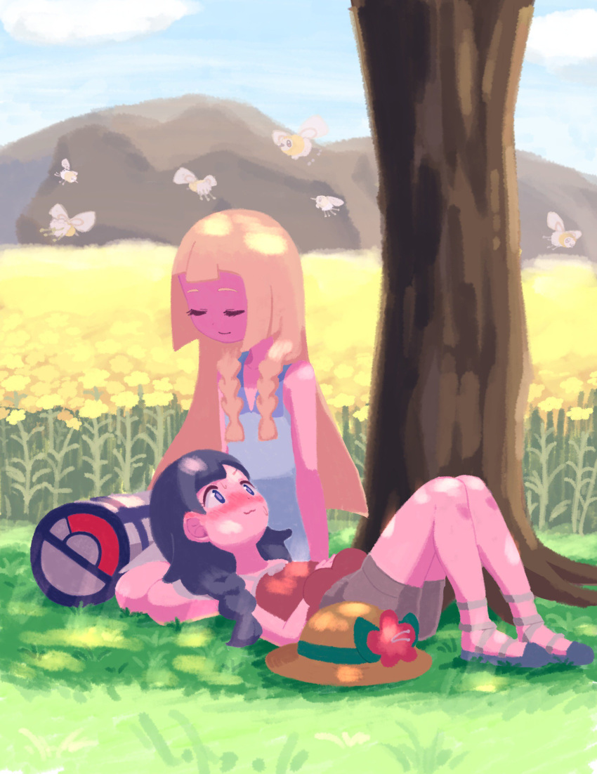 2girls absurdres bag bangs bare_shoulders black_hair blonde_hair blue_eyes blue_sky blunt_bangs braid closed_eyes clouds cutiefly deathroling dress field flower flower_field hat hat_flower highres lap_pillow lillie_(pokemon) long_hair lying mizuki_(pokemon_ultra_sm) multiple_girls no_hat no_headwear on_back pokemon pokemon_(creature) pokemon_(game) pokemon_ultra_sm red_flower sandals shadow shirt sitting sky sleeveless sleeveless_dress sleeveless_shirt sun_hat sweat tree twin_braids yellow_flower yuri