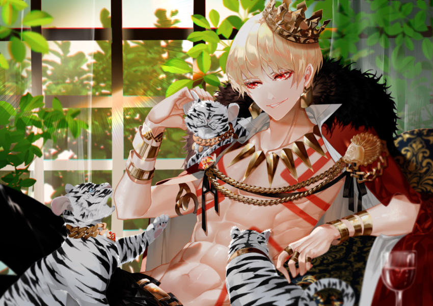 1boy abs alcohol animal arm_support bangle bangs black_pants blonde_hair bracelet cape cat collarbone crown cup drinking_glass earrings fate/grand_order fate_(series) gilgamesh indoors jewelry leaf leaning_back lens_flare looking_at_viewer male_focus navel necklace pants parted_lips petting ring shei99 shirt_lift sitting solo sunlight tattoo whiskers window wine wine_glass