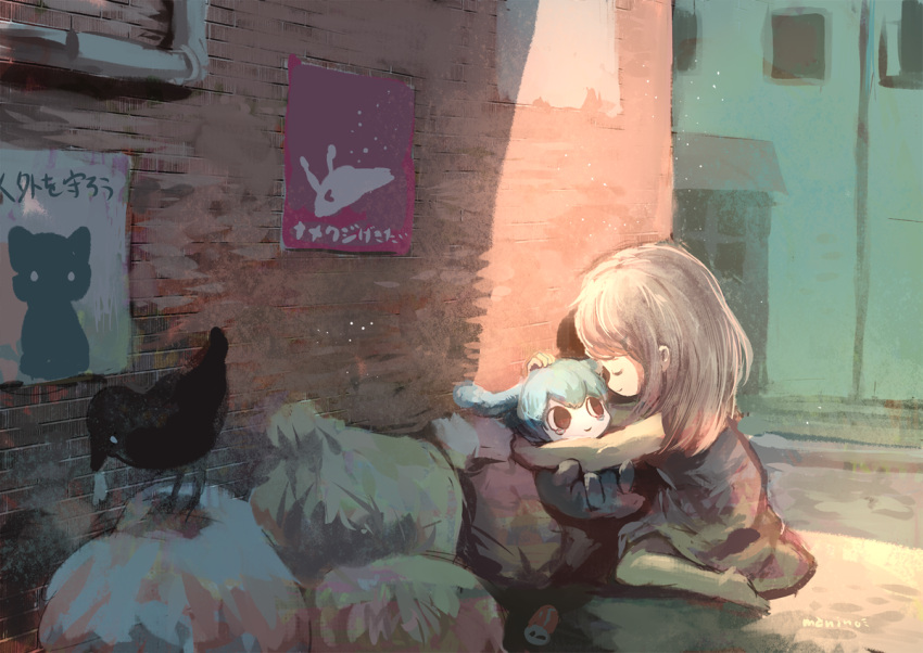 1boy 1girl animal_ears artist_name barefoot bird black_eyes blue_hair brown_hair can closed_eyes closed_mouth commentary_request creature crow hug kneeling manino_(mofuritaionaka) original outdoors poster_(object) scenery signature smile tears trash_bag