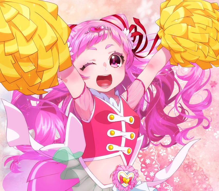 1girl ;d absurdres armpits arms_up cure_yell double_bun hair_ornament hair_ribbon heart heart_hair_ornament highres hugtto!_precure layered_skirt long_hair looking_at_viewer magical_girl nono_hana one_eye_closed open_mouth pink pink_background pink_eyes pink_hair pink_shirt pink_skirt pom_poms precure red_ribbon ribbon shirt skirt sleeveless sleeveless_shirt smile solo upper_body yupiteru