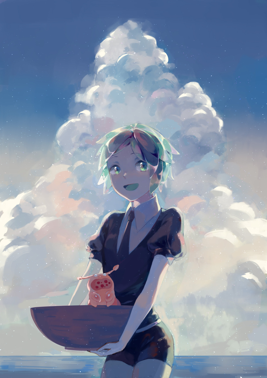 absurdres androgynous bowl clouds gem_uniform_(houseki_no_kuni) green_eyes green_hair highres houseki_no_kuni looking_at_viewer necktie open_mouth phosphophyllite sea_slug short_hair sky smile tamomoko ventricosus