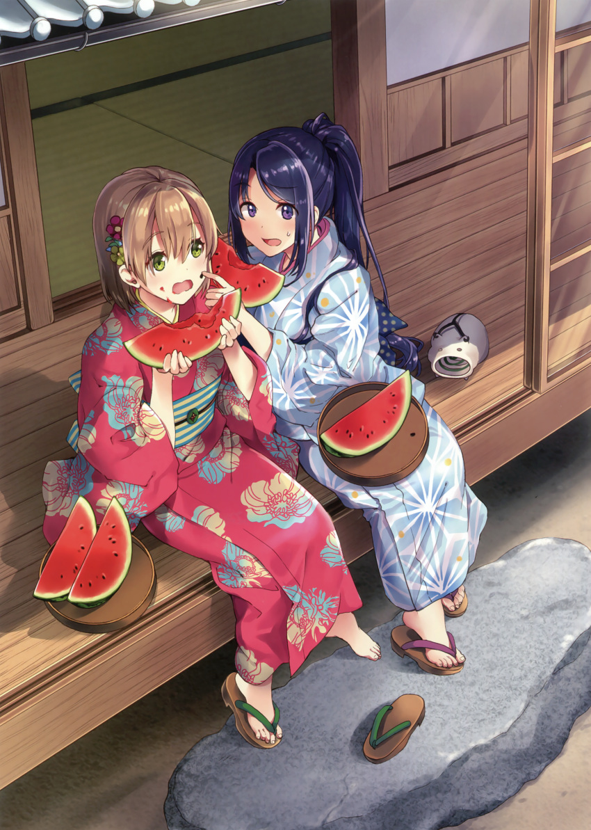 2girls absurdres blue_eyes blue_hair blue_kimono brown_hair eyebrows_visible_through_hair floral_print food fruit full_body green_eyes hair_between_eyes highres holding holding_food japanese_clothes kimono long_hair multiple_girls open_mouth original otabe_sakura ponytail red_kimono short_hair sitting sweatdrop watermelon yukata