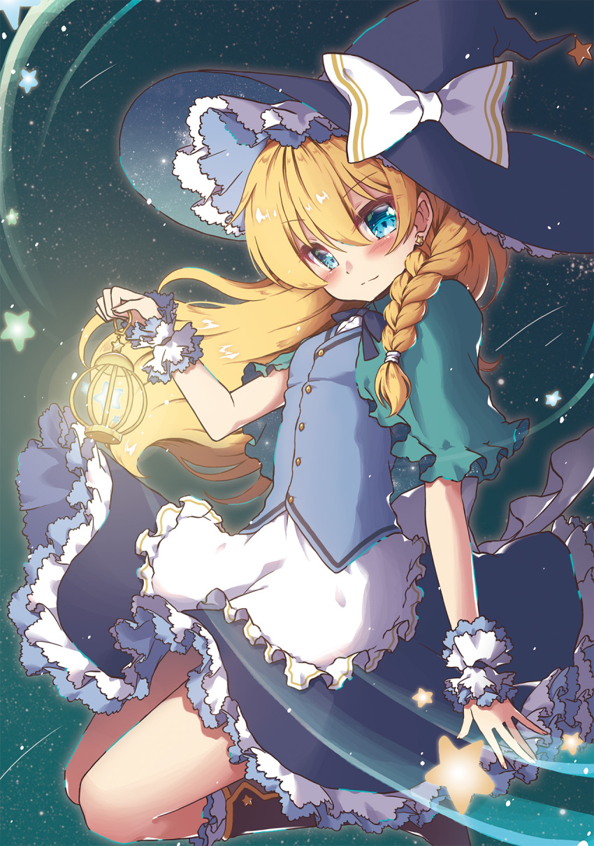 1girl apron beni_kurage black_dress blonde_hair blue_bow blue_eyes blue_neckwear blue_vest blush boots bow braid breasts brown_footwear capelet commentary_request dress ear_piercing eyebrows_visible_through_hair frilled_apron frills full_body green_capelet hair_between_eyes hat hat_bow head_tilt highres holding_lantern kirisame_marisa kneeling lantern long_hair looking_at_viewer neck_bow night night_sky petticoat piercing single_braid sky small_breasts smile solo star star_(sky) starry_sky touhou vest waist_apron white_apron white_bow witch_hat wrist_cuffs