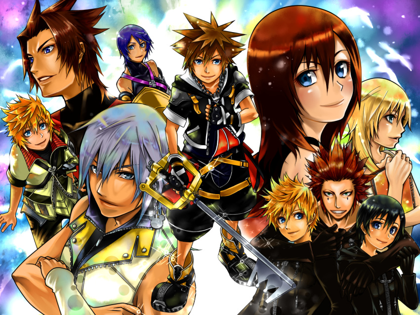 aqua_(kingdom_hearts) axel_(kingdom_hearts) black_coat_(kingdom_hearts) black_hair blonde_hair blue_eyes breasts commentary_request dress kairi_(kingdom_hearts) kingdom_hearts kingdom_hearts_358/2_days kingdom_hearts_birth_by_sleep kingdom_hearts_ii medium_hair multiple_boys multiple_girls namine organization_xiii riku roxas sakichi6891 short_hair smile sora_(kingdom_hearts) sundress terra_(kingdom_hearts) ventus white_dress xion_(kingdom_hearts)