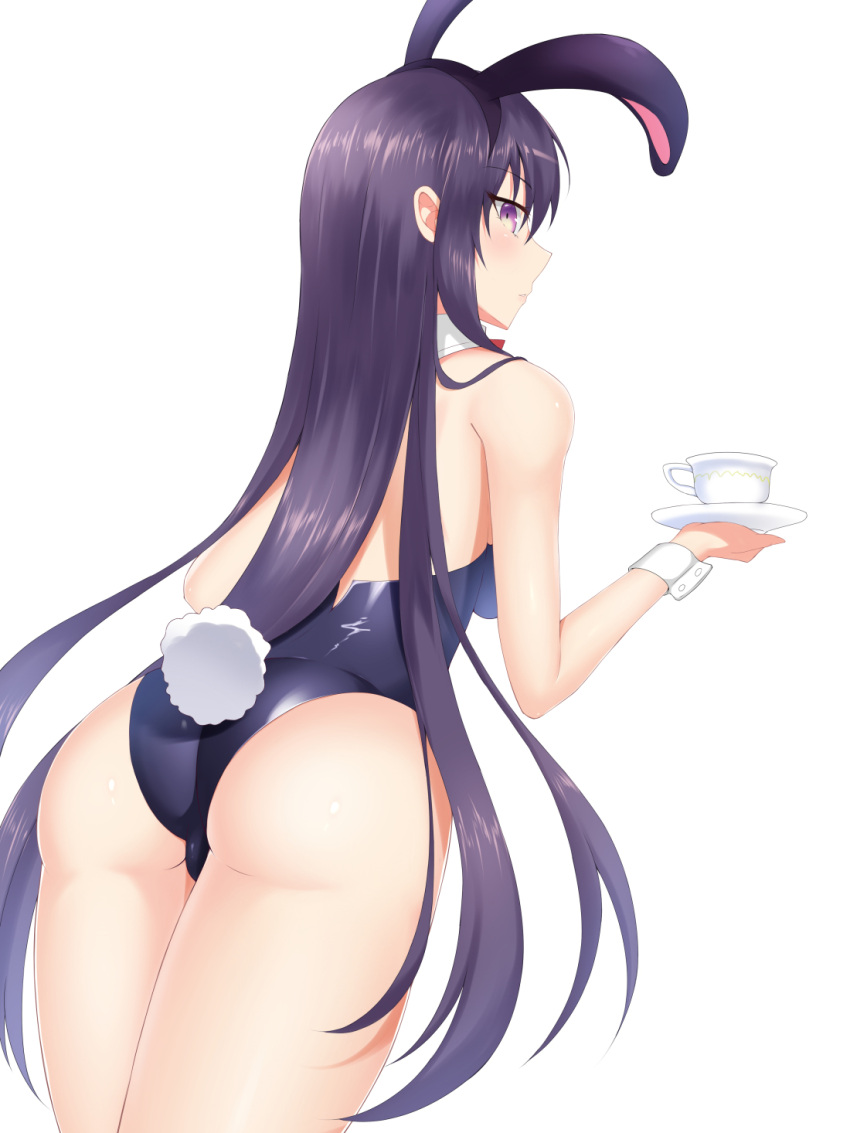 1girl animal_ears ass bare_shoulders bunny_tail bunnysuit cowboy_shot cup date_a_live detached_collar feng_mouren from_behind highres holding holding_cup leaning_forward long_hair looking_at_viewer looking_back purple_hair rabbit_ears simple_background solo tail thighs very_long_hair violet_eyes white_background wrist_cuffs yatogami_tooka