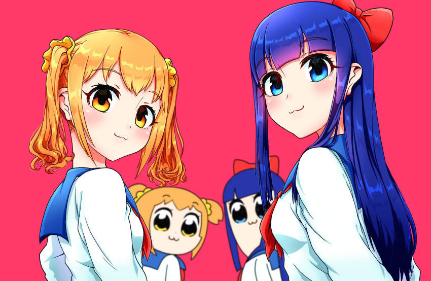 4girls arms_behind_back blue_eyes blue_hair bow dual_persona hair_bow highres looking_at_viewer looking_back multiple_girls orange_eyes orange_hair pink_background pipimi poptepipic popuko red_bow school_uniform scrunchie serafuku short_twintails simple_background twintails upper_body yukito_(hoshizora)