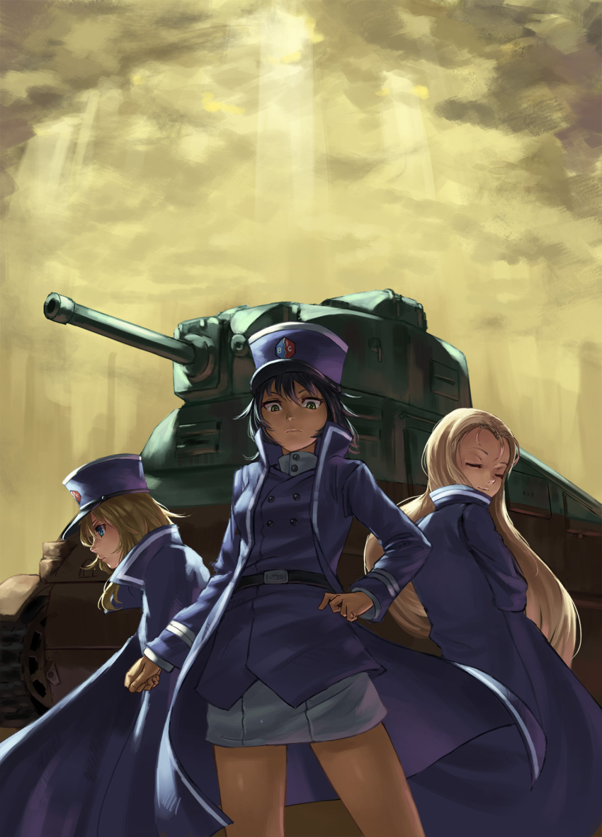 3girls adapted_uniform andou_(girls_und_panzer) bangs bc_freedom_(emblem) bc_freedom_military_uniform black_belt black_hair blonde_hair blue_coat blue_eyes blue_hat blue_jacket brown_eyes closed_eyes closed_mouth commentary_request cowboy_shot dark_skin day dress_shirt emblem facing_back frown girls_und_panzer ground_vehicle hat high_collar highres jacket long_hair looking_at_viewer marie_(girls_und_panzer) medium_hair michitarou military military_vehicle miniskirt motor_vehicle multiple_girls oshida_(girls_und_panzer) outdoors pleated_skirt s35 shako_cap shirt skirt standing sunlight tank trench_coat white_shirt white_skirt