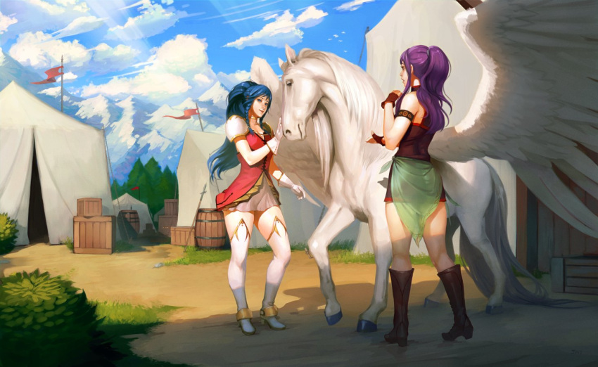 2girls armlet armor bare_shoulders blue_eyes blue_hair braid fingerless_gloves fire_emblem fire_emblem:_seima_no_kouseki gloves long_hair marica_(fire_emblem) multiple_girls ochrejelly open_mouth pegasus_knight pink_hair ponytail purple_hair sky sword tana thigh-highs violet_eyes weapon zettai_ryouiki