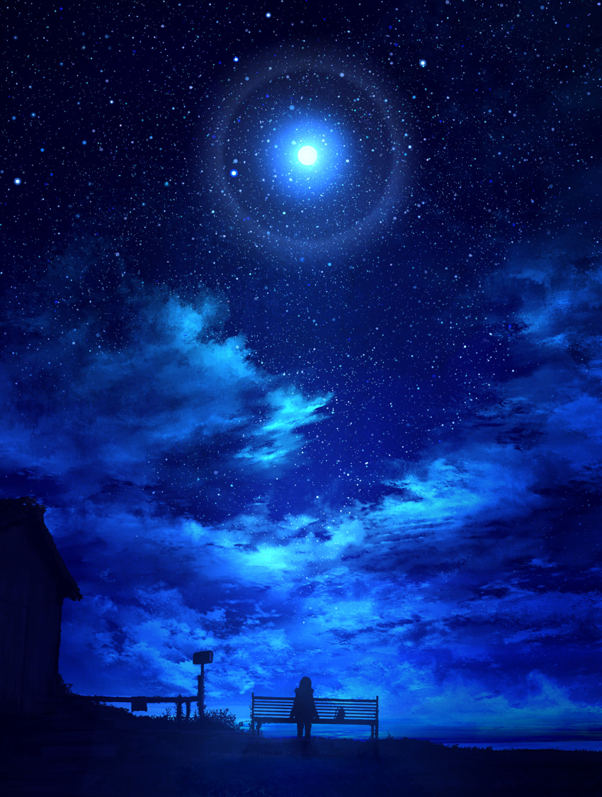 1girl bench clouds cloudy_sky commentary_request highres house mks night night_sky original outdoors scenery silhouette sitting sky solo star_(sky) starry_sky