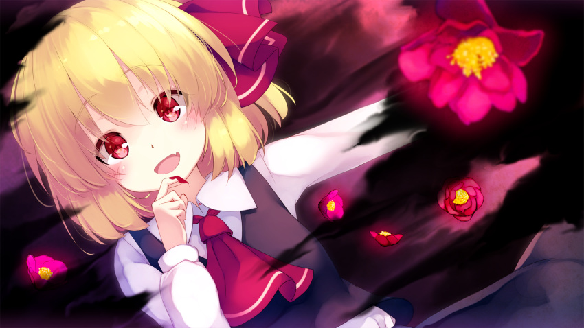 1girl ascot black_skirt black_vest blonde_hair blood_on_fingers blush commentary darkness dutch_angle eyebrows_visible_through_hair fang finger_to_chin flower gengetsu_chihiro hair_ribbon highres long_sleeves looking_at_viewer open_mouth red_eyes red_flower red_neckwear red_ribbon ribbon rumia shirt short_hair skirt smile solo touhou vest white_shirt