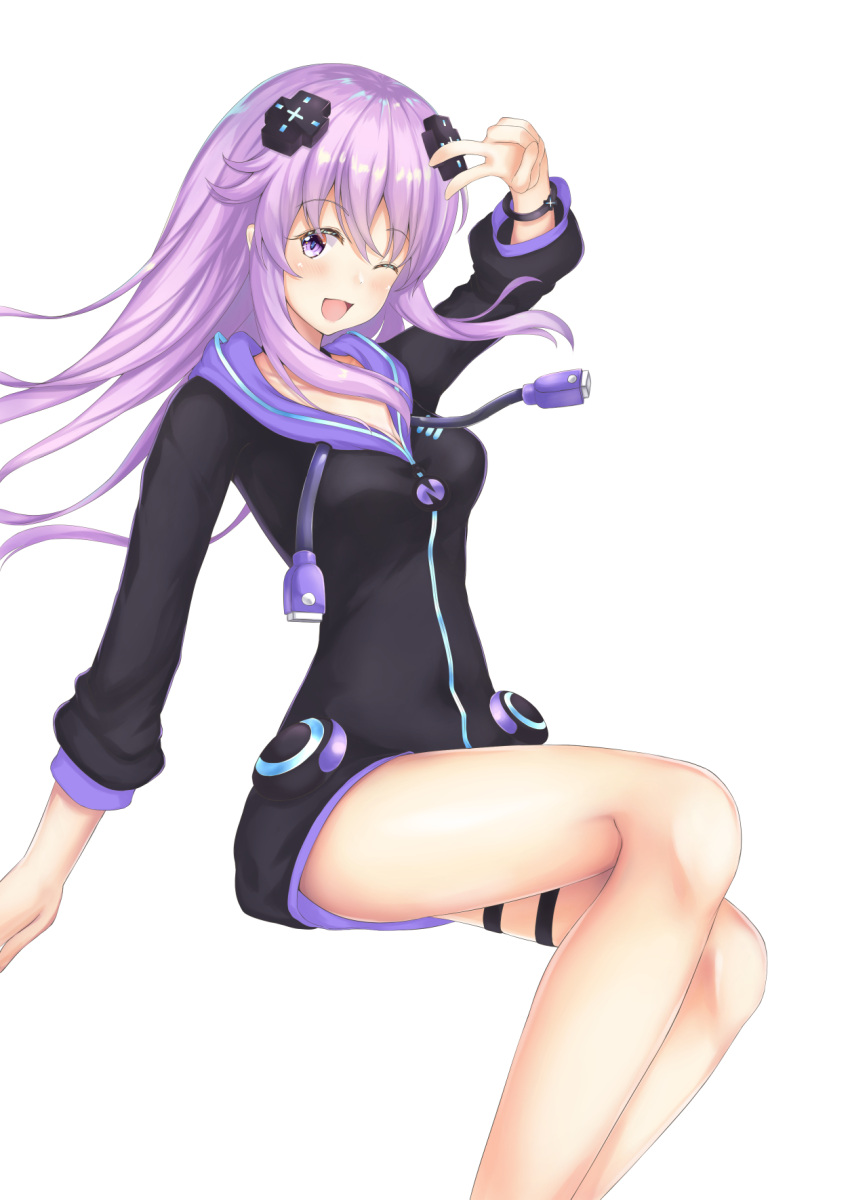 1girl ;d adult_neptune bare_legs blush breasts cleavage d-pad d-pad_hair_ornament hand_up highres hinakurukuru hood hooded_jacket jacket long_hair looking_at_viewer neptune_(series) one_eye_closed open_mouth purple_hair shin_jigen_game_neptune_vii simple_background sitting smile solo thigh_strap v violet_eyes white_background