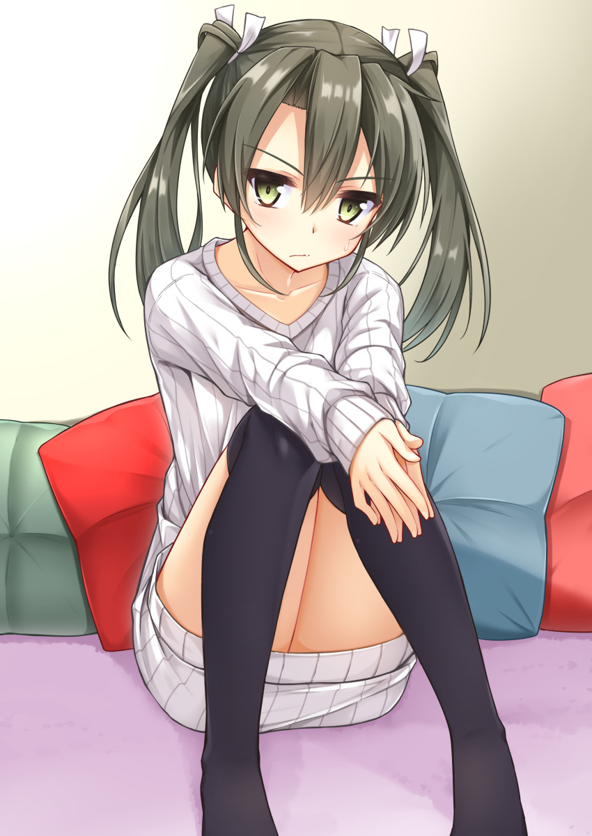 1girl :/ absurdres alternate_costume bangs black_legwear blush closed_mouth collarbone cushion dress eyebrows_visible_through_hair gradient gradient_background hair_ribbon highres hino_(2nd_life) kantai_collection knees_together_feet_apart long_hair long_sleeves looking_at_viewer no_shoes own_hands_together ribbon shiny shiny_hair sleeves_past_wrists solo sweatdrop sweater sweater_dress thigh-highs thighs twintails v-shaped_eyebrows white_dress white_ribbon yellow_background zuikaku_(kantai_collection)