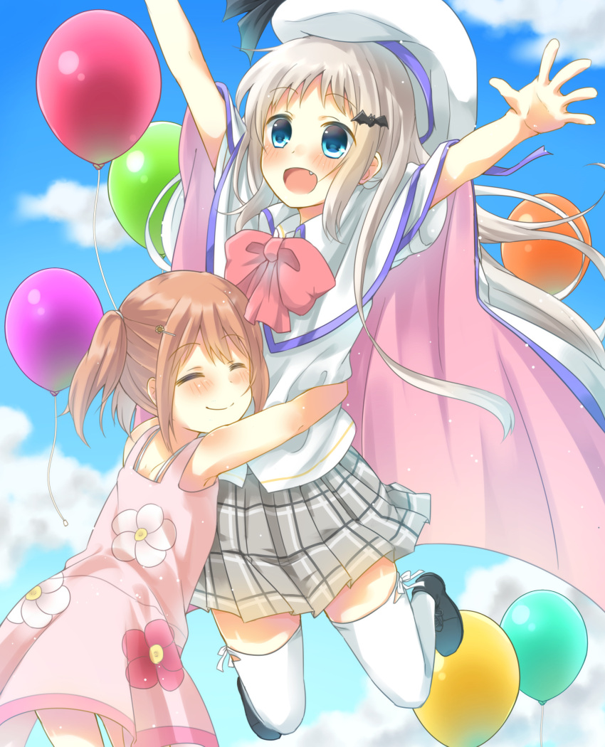 2girls absurdres arizuki_shiina arms_up blue_eyes brown_hair cape closed_eyes clouds dress fang floral_print hat highres hug jumping kud_wafter legs_up little_busters!! long_hair multiple_girls noumi_kudryavka open_mouth outdoors pink_dress plaid plaid_skirt shirt skirt sky smile sundress thigh-highs white_cape white_legwear white_shirt