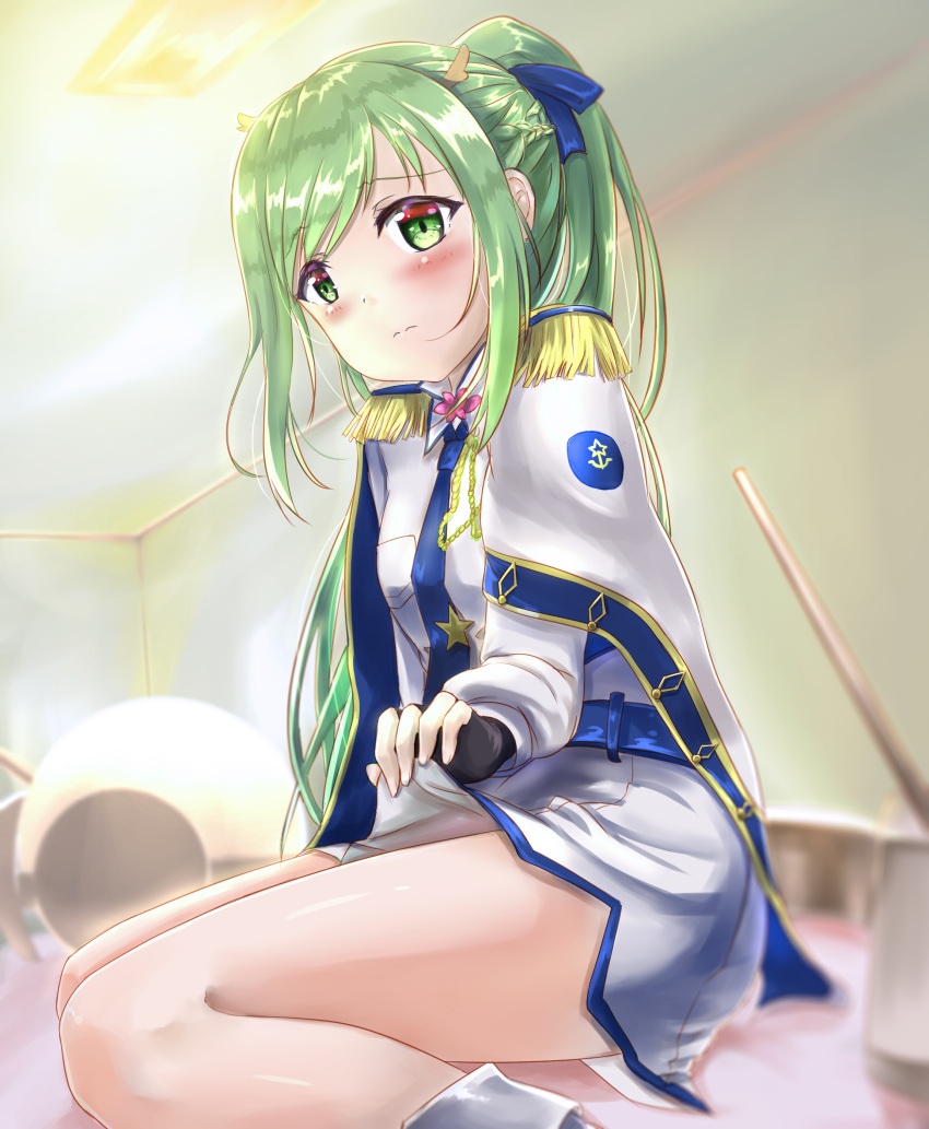 1girl absurdres anshan_(azur_lane) artist_request azur_lane blush fingerless_gloves gloves green_eyes green_hair hair_ribbon highres horns legs long_hair looking_at_viewer military military_uniform necktie ponytail ribbon solo uniform