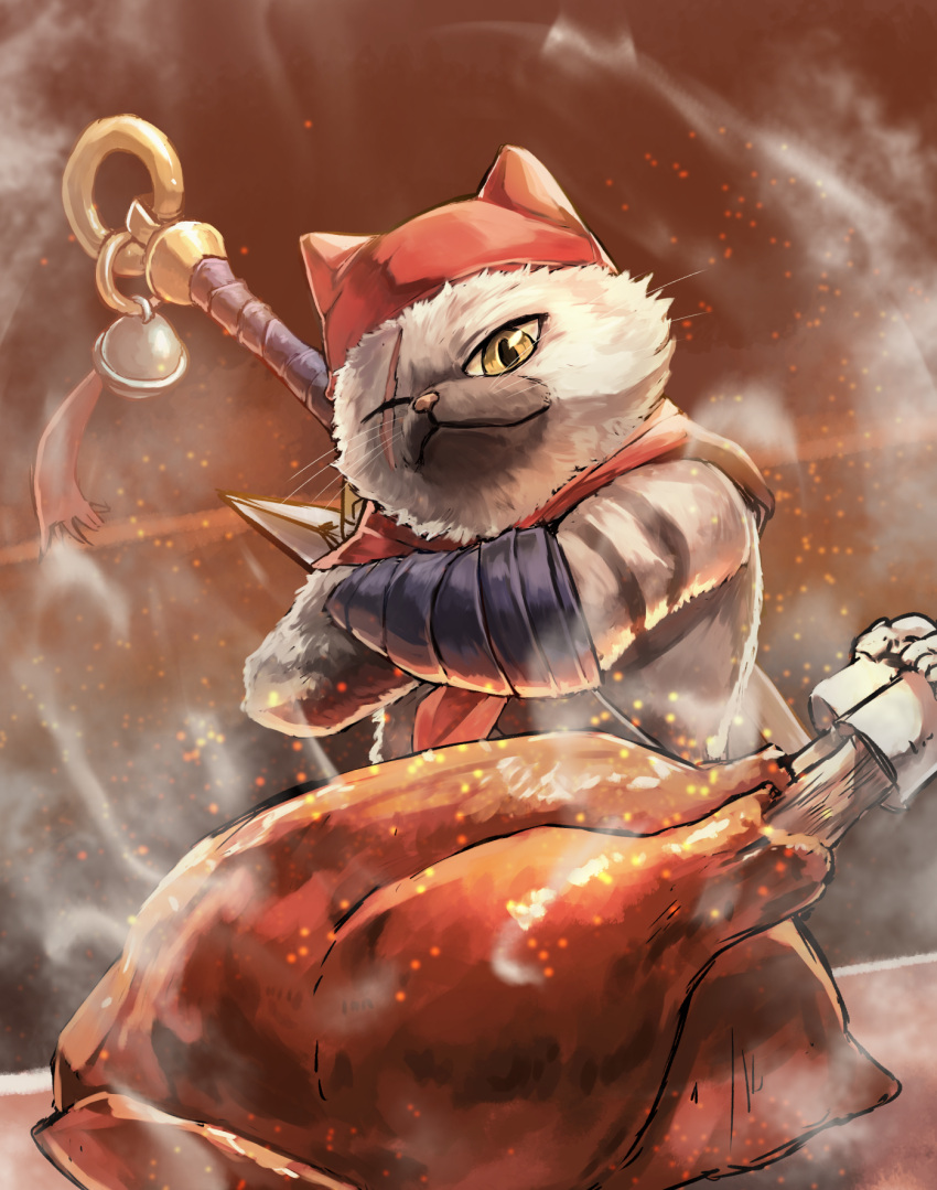bell cat chicken_(food) closed_mouth crossed_arms felyne food fur hat highres jingle_bell kuroi_susumu looking_at_viewer meowscular_chef monster_hunter monster_hunter:_world no_humans npc one_eye_closed scar scar_across_eye scarf solo standing steam upper_body weapon weapon_on_back yellow_eyes