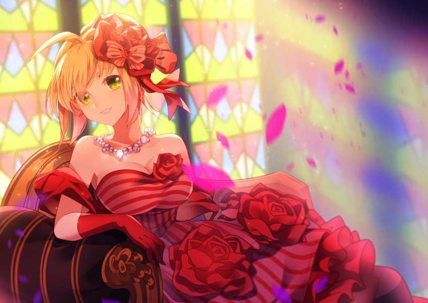 1girl ahoge arm_rest armchair bare_shoulders blonde_hair blurry blurry_background breasts chair cleavage collarbone depth_of_field dress elbow_gloves fate/extra fate_(series) flower fromchawen glint gloves green_eyes hair_flower hair_intakes hair_ornament head_tilt indoors jewelry light_rays looking_at_viewer medium_breasts necklace nero_claudius_(fate) nero_claudius_(fate)_(all) pearl_necklace petals red_dress red_flower red_gloves red_rose rose shawl signature sitting solo stained_glass strapless strapless_dress striped sunbeam sunlight tareme vertical-striped_dress vertical_stripes