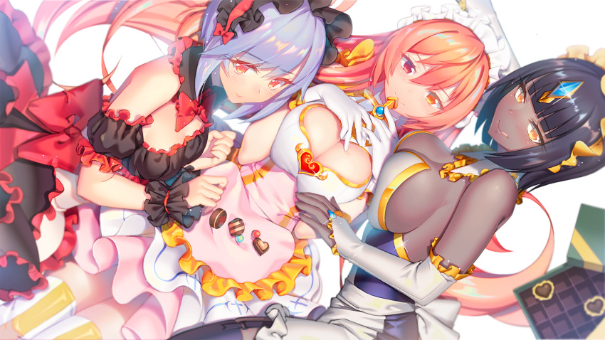3girls :q apron black_hair black_legwear blue_hair blush breasts bridal_gauntlets chocolate cleavage_cutout copyright_request dark_skin detached_sleeves dress fiodo frilled_apron frilled_cuffs frilled_dress frilled_sleeves frills garter_straps gloves hairband headpiece heart heterochromia highres large_breasts lolita_fashion lolita_hairband long_hair looking_at_viewer maid_headdress multiple_girls orange_eyes red_eyes redhead short_hair sideboob simple_background smile thigh-highs tongue tongue_out waist_apron white_background white_gloves wrist_cuffs yellow_eyes